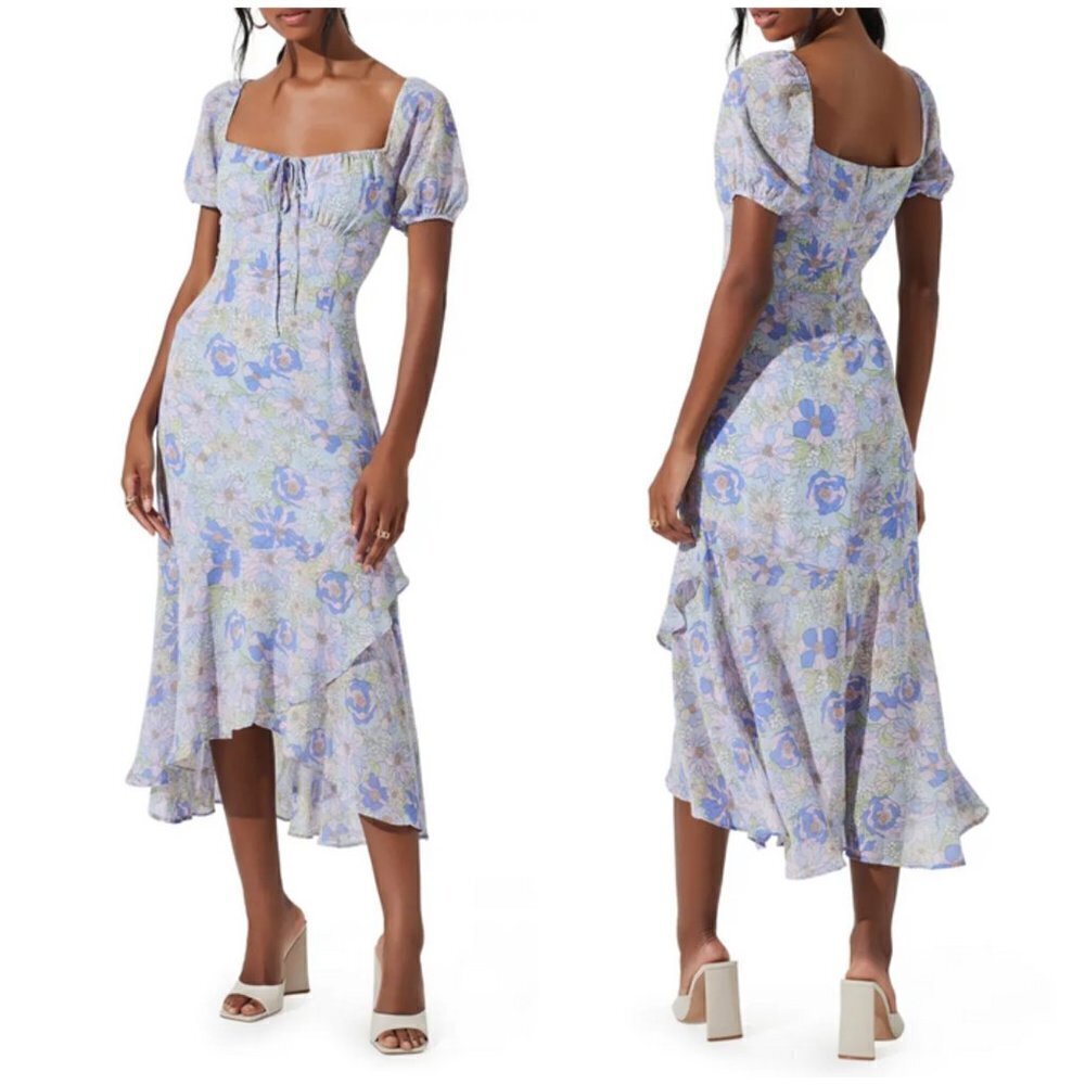 💕ASTR THE LABEL💕 Bow Tie Ruffle Dress ~ Pink Purple Floral Print Medium M NWT